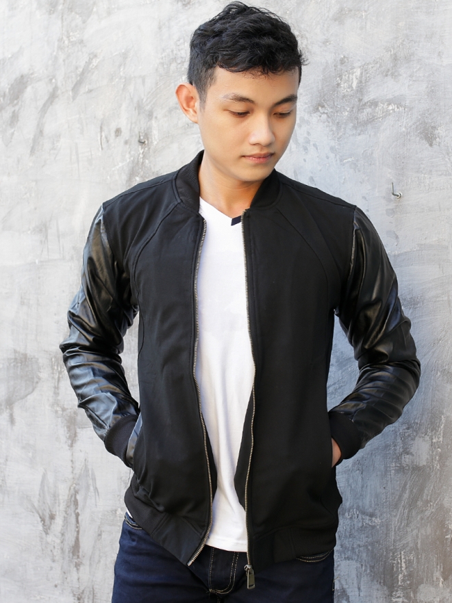 Áo khoác bomber nỉ đen tay da ak177 - 1