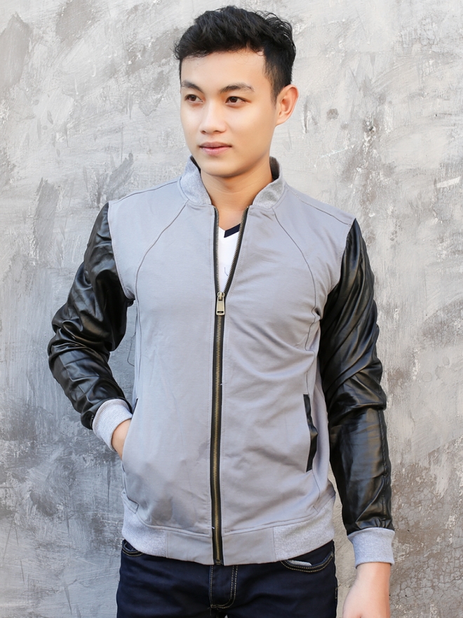 Áo khoác bomber nỉ xám chuột tay da ak177 - 1
