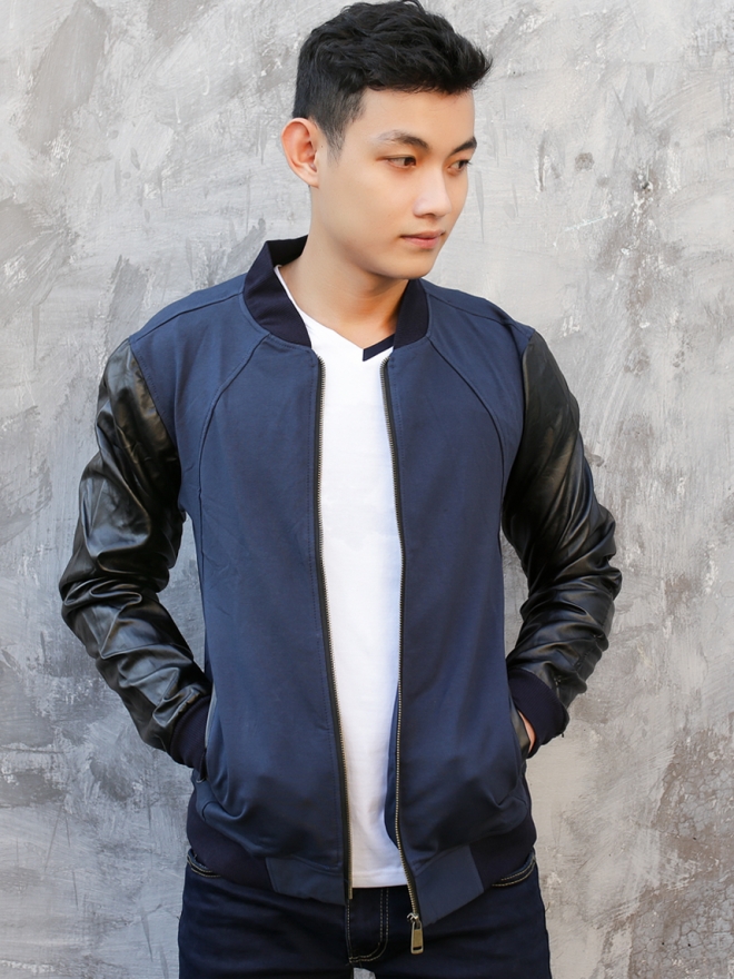 Áo khoác bomber nỉ xanh đen tay da ak177 - 1