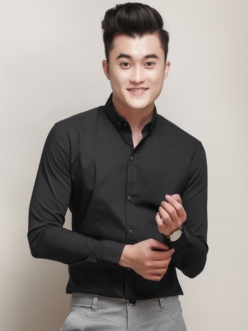 Áo sơ mi hàn quốc đen trơn asm788 - 1