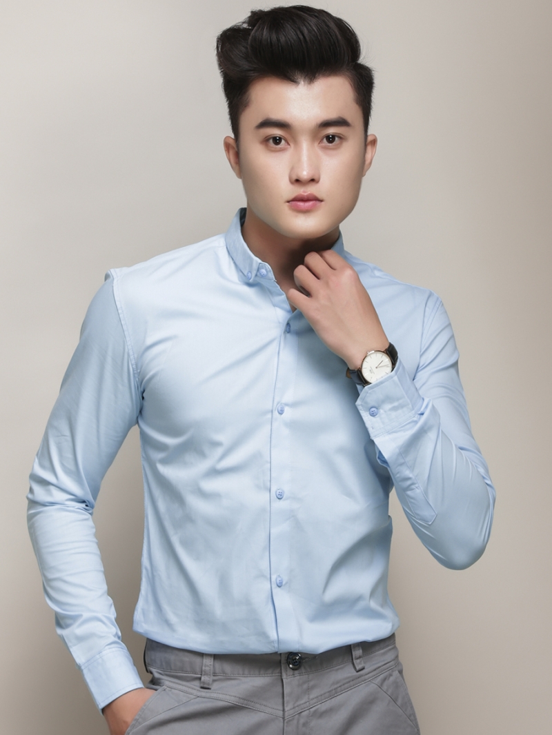 Áo sơ mi hàn quốc xanh da trời trơn asm788 - 1