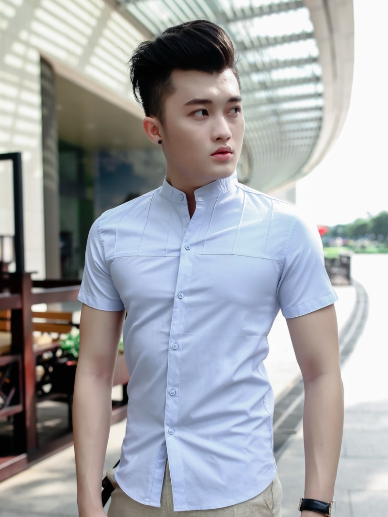 Áo sơ mi cổ lãnh tụ ngắn tay xanh da trời asm798 - 1