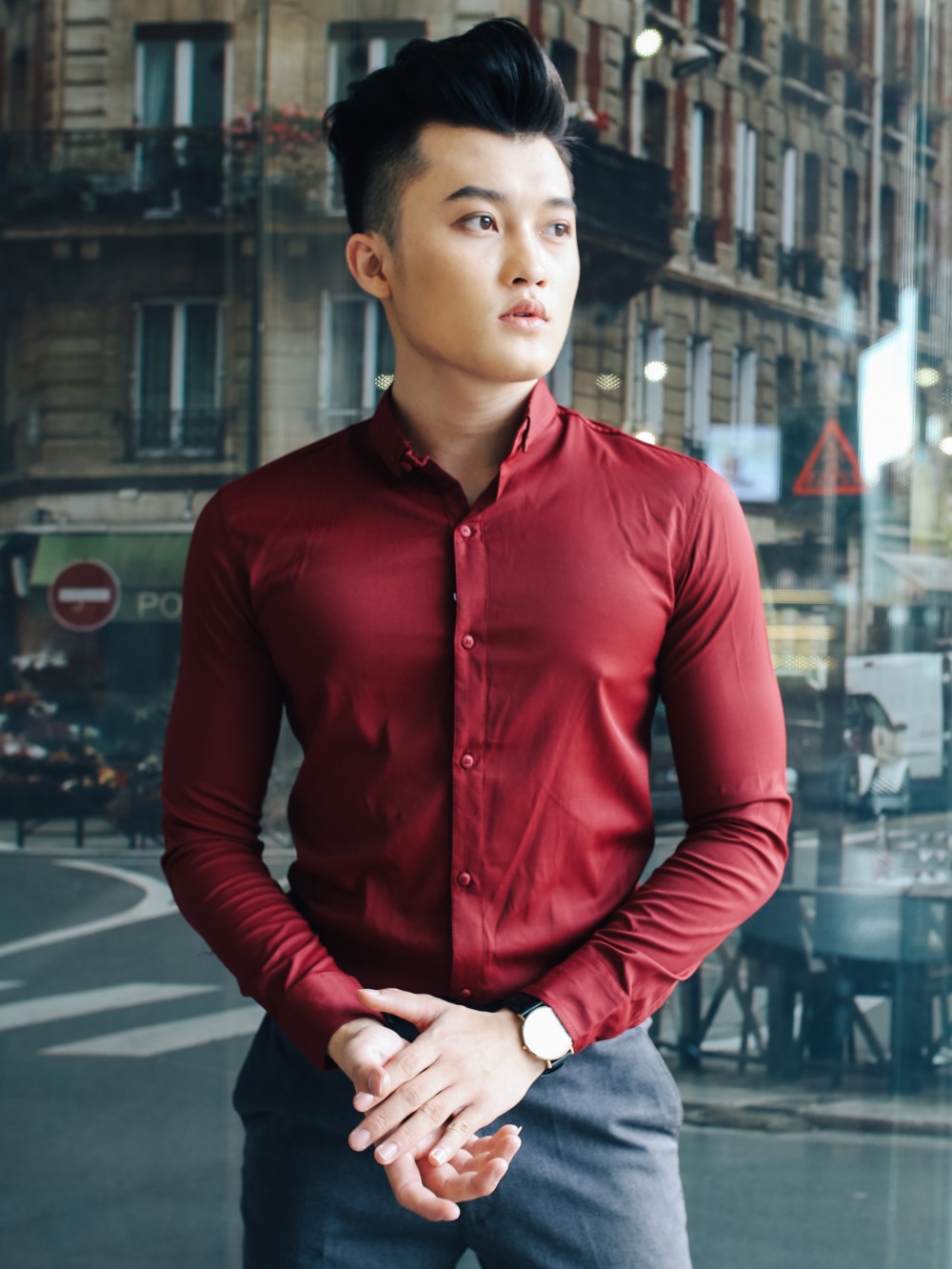 Áo sơ mi hàn quốc đỏ đô trơn asm790 - 1