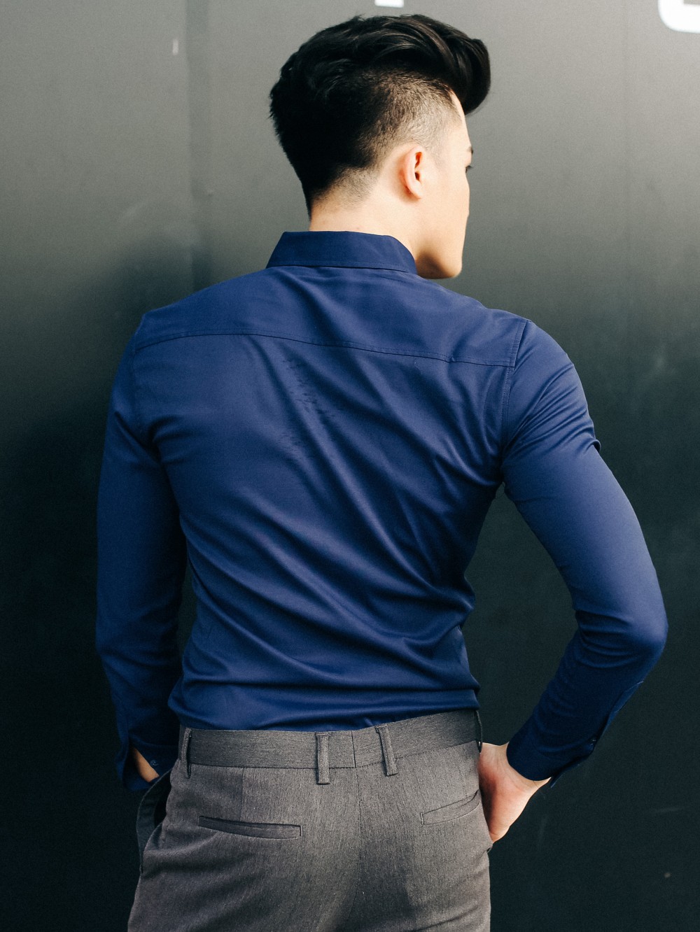 Áo sơ mi hàn quốc xanh đen trơn asm790 - 3
