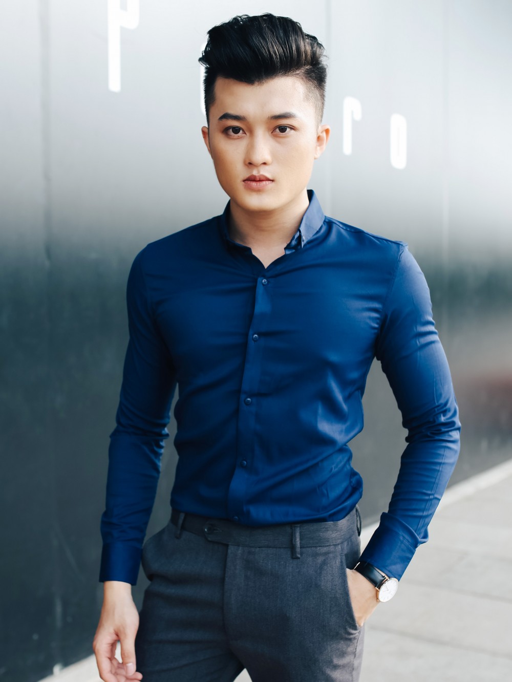 Áo sơ mi hàn quốc xanh đen trơn asm790 - 1