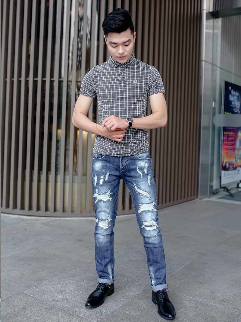Áo thun có cổ ca rô đen at609 - 3