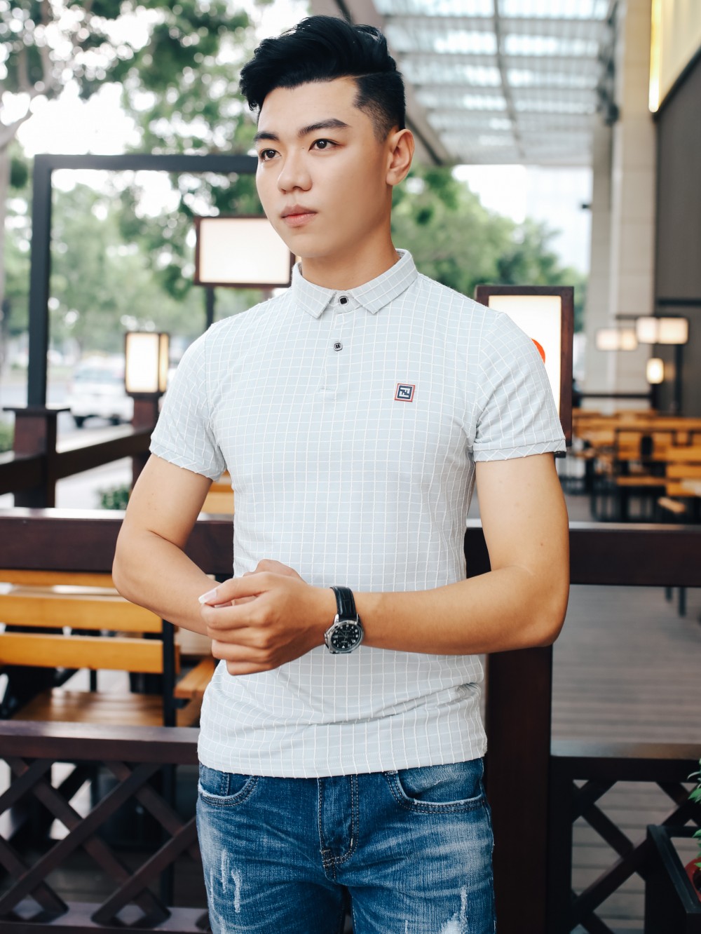 Áo thun có cổ ca rô xám at609 - 1