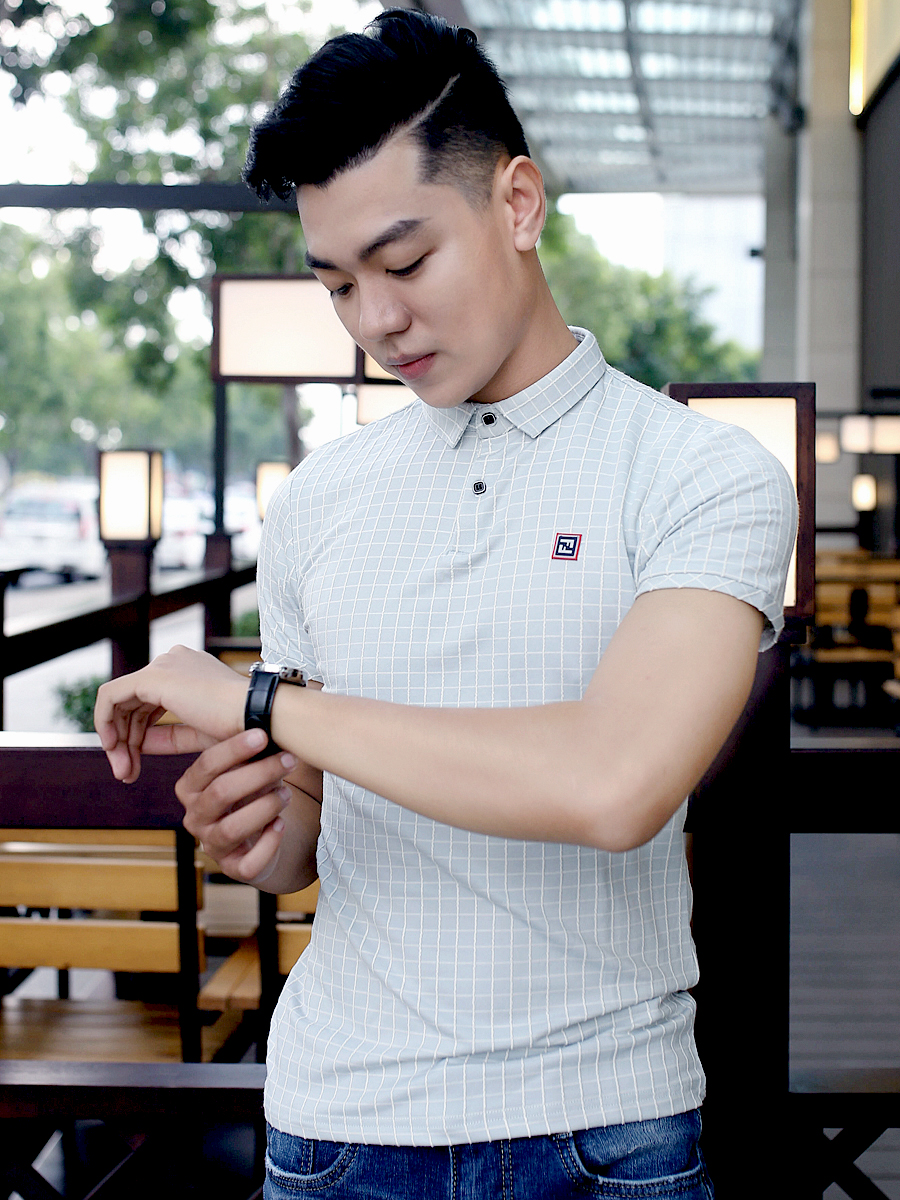 Áo thun có cổ ca rô xanh at609 - 2