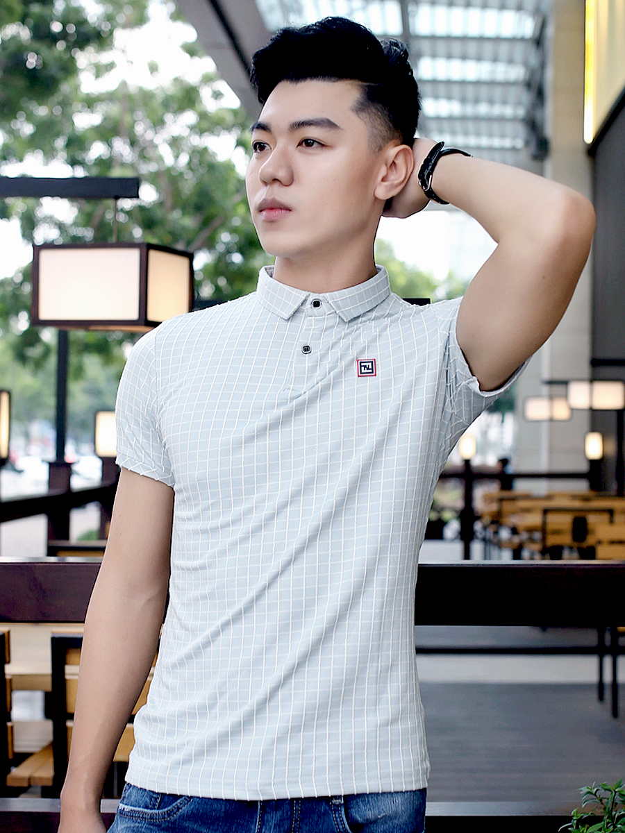 Áo thun có cổ ca rô xanh at609 - 1