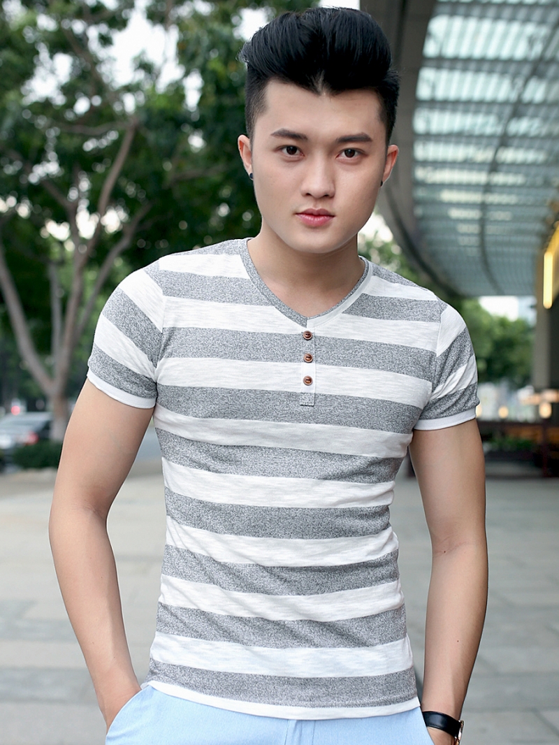 Áo thun cổ tim sọc xám at610 - 1