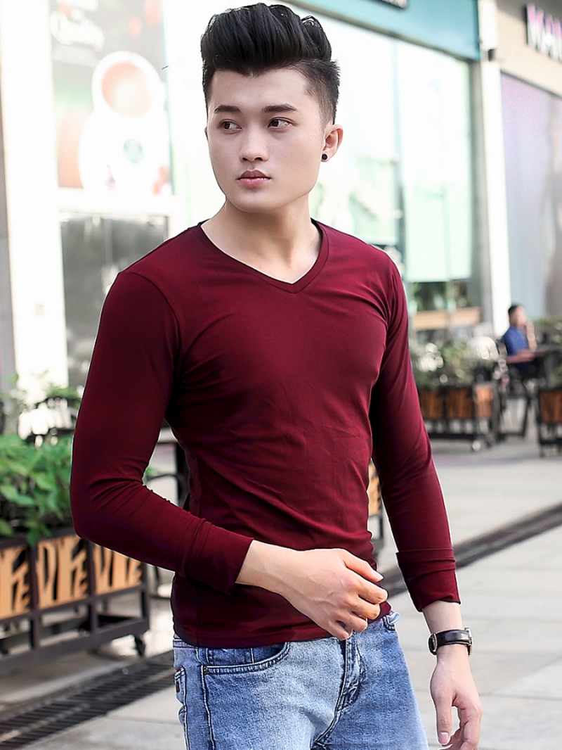 Áo thun cổ tim tay dài đỏ đô at606 - 1