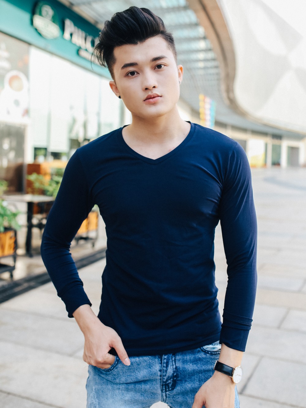 Áo thun cổ tim tay dài xanh đen at606 - 1