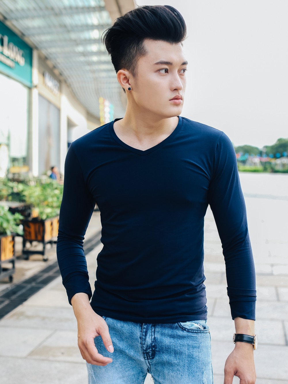 Áo thun cổ tim tay dài xanh đen at606 - 2