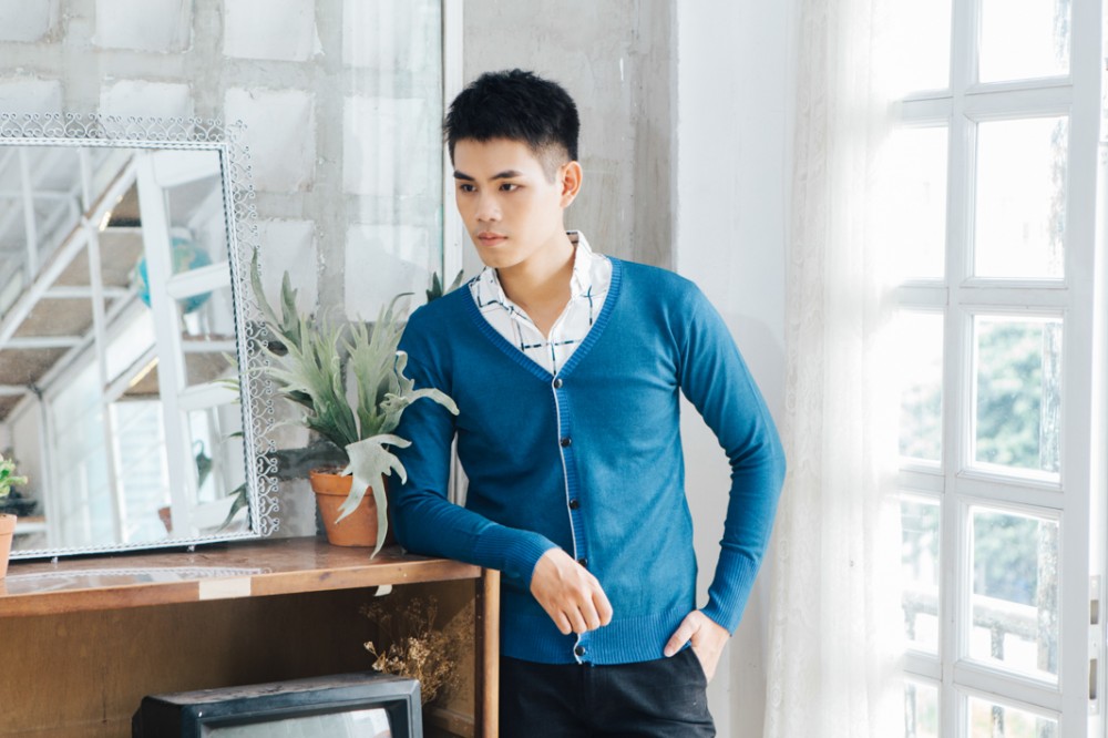 Áo cardigan len xanh cổ vịt ac087 - 1
