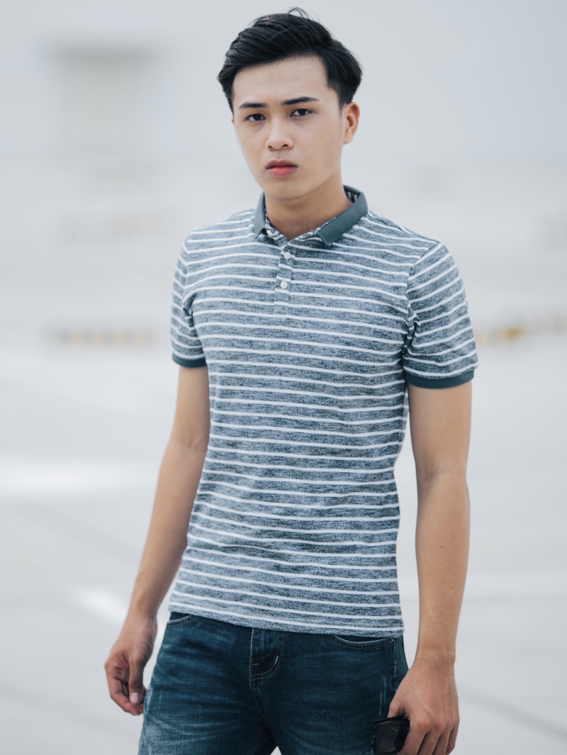 Áo thun sọc có cổ xanh đen at635 - 1