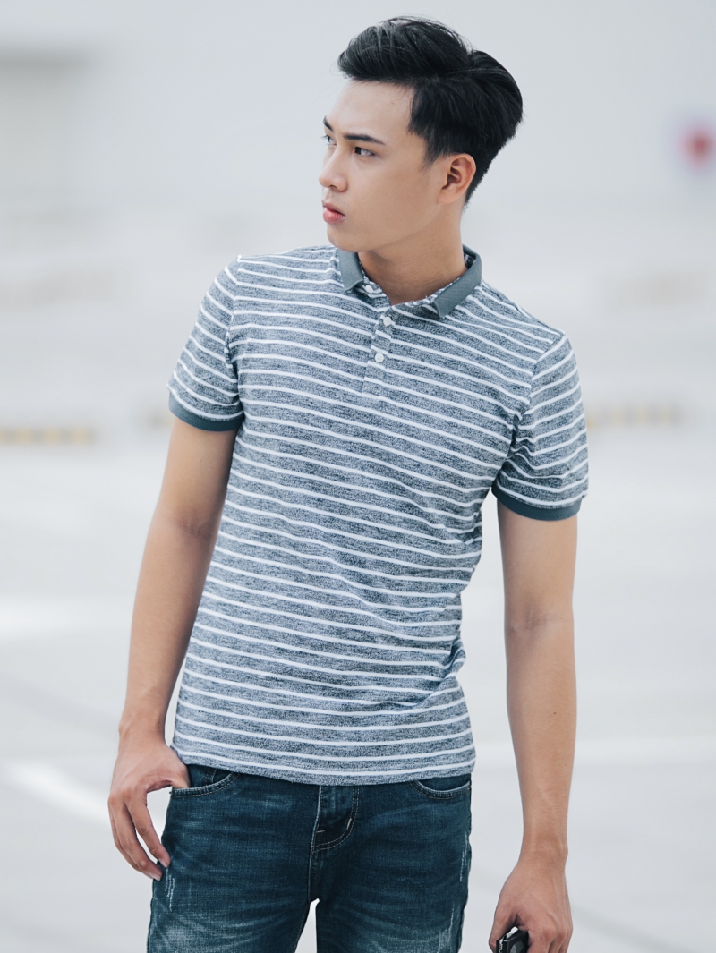 Áo thun sọc có cổ xanh đen at635 - 2