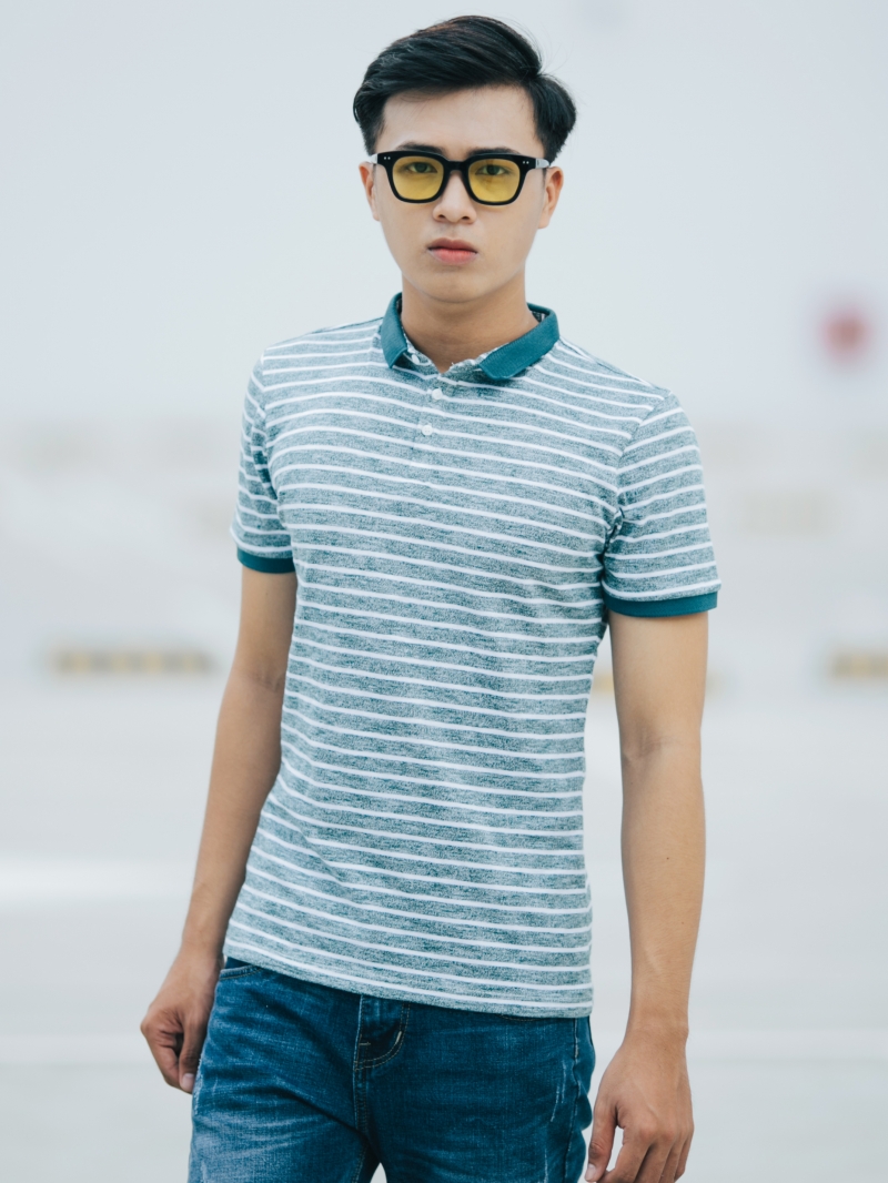 Áo thun sọc có cổ xanh rêu at635 - 1