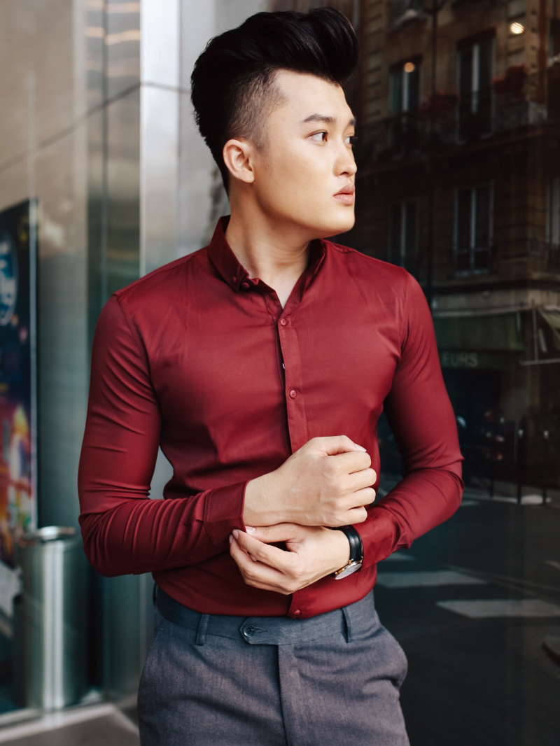 Áo sơ mi hàn quốc đỏ đô trơn asm843 - 3