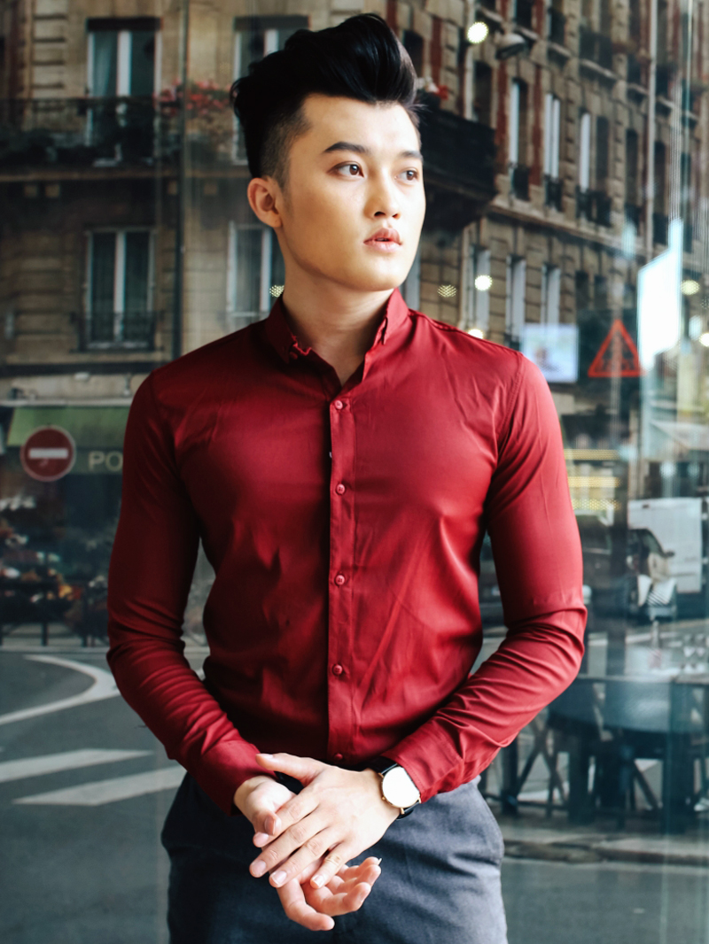 Áo sơ mi hàn quốc đỏ đô trơn asm843 - 1