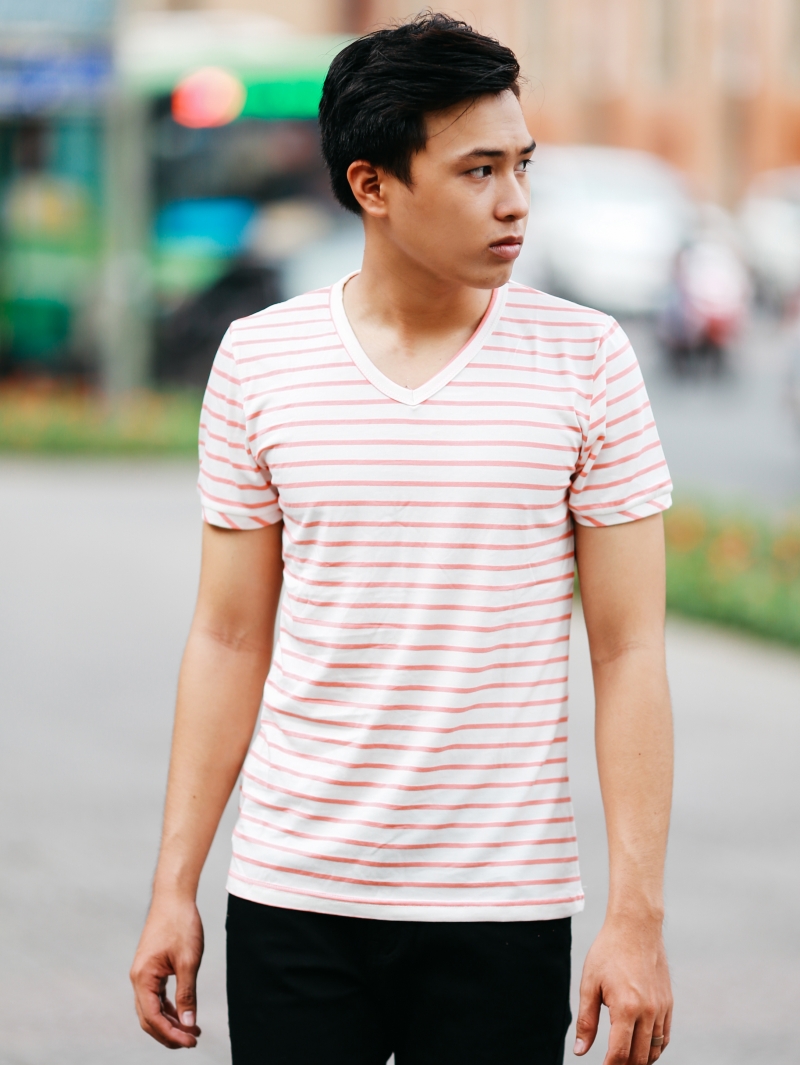 Áo thun cổ tim sọc cam at652 - 1
