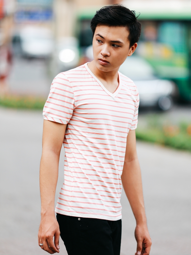 Áo thun cổ tim sọc cam at652 - 2