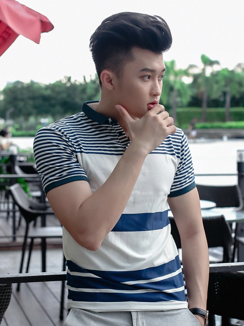 Áo thun có cổ sọc xanh đen at608 - 1