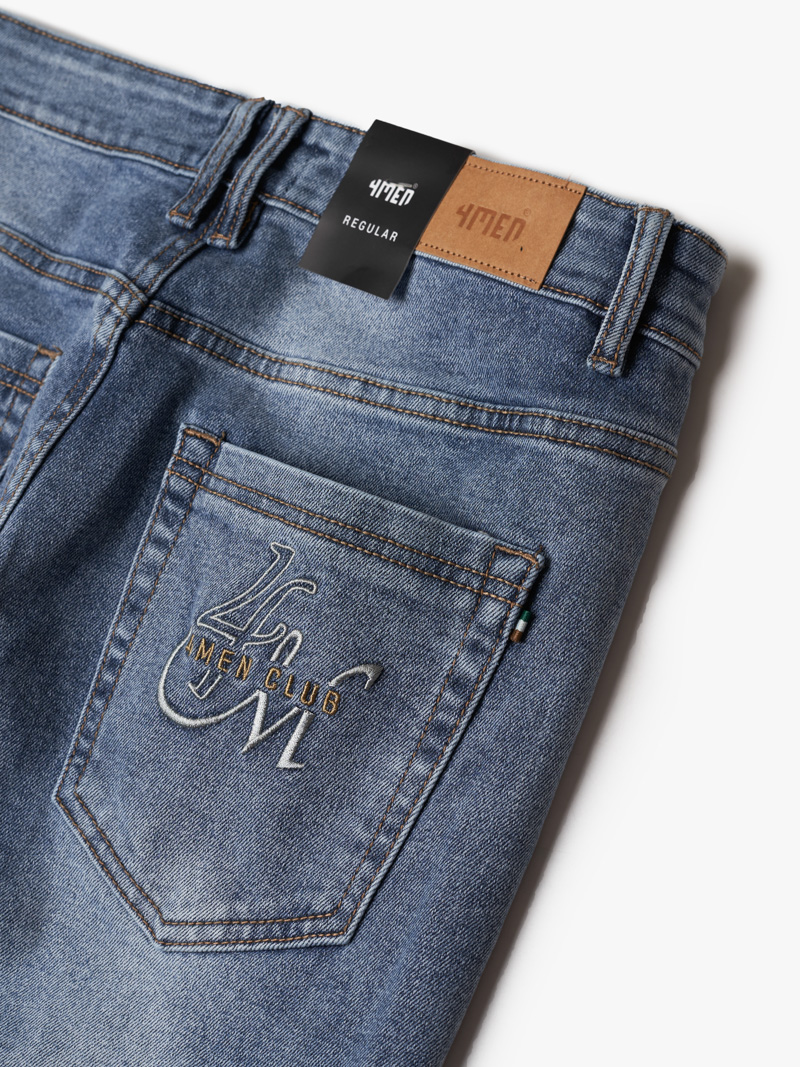 Quần Jeans Wash Bạc Có Râu Mèo Thêu 4M Form Regular QJ106 Màu Xanh Biển Đậm