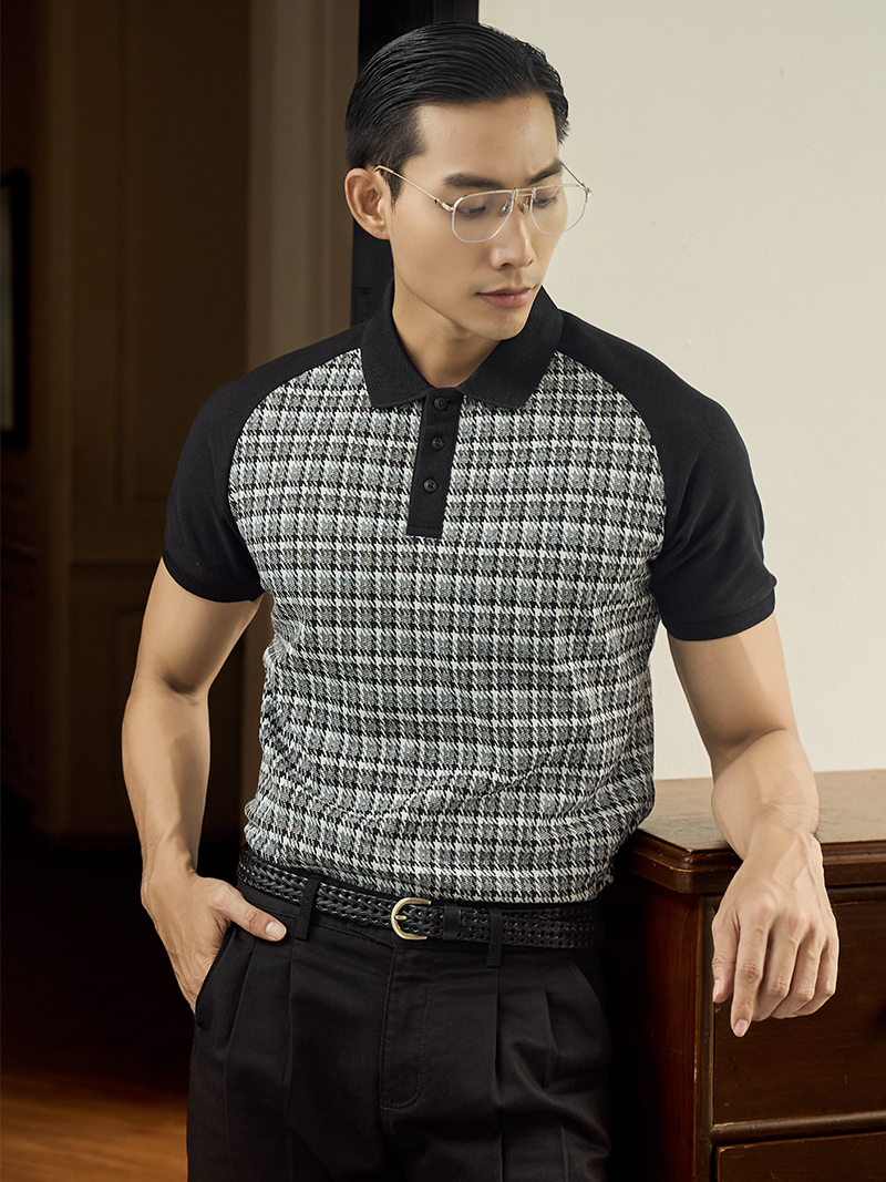 Áo Polo Vải Họa Tiết Nanh Sói Phối Tay Raglan Form Slimfit PO139 Màu Đen