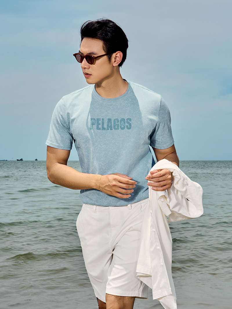 Áo Thun Wash Loang In Chữ Pelagos Form Regular AT168 Màu Xanh Biển