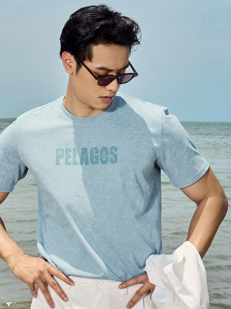 Áo Thun Wash Loang In Chữ Pelagos Form Regular AT168 Màu Xanh Biển