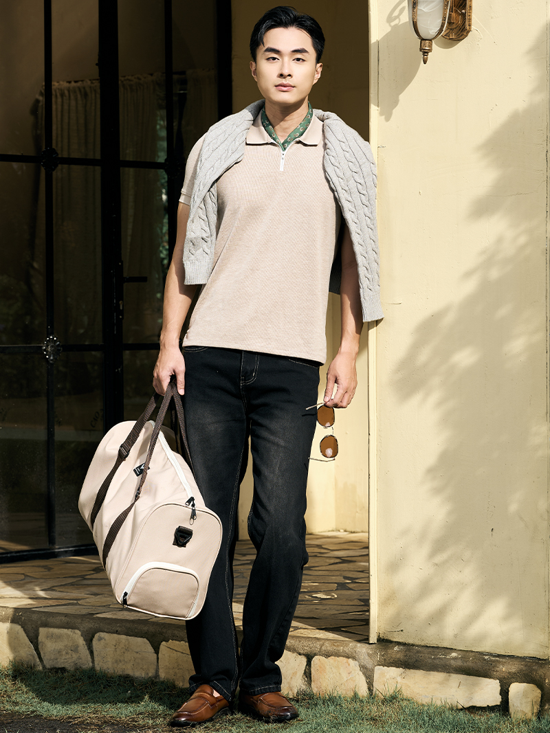 Áo Polo Dệt Kim Dây Kéo Form Slimfit PO174 Màu Nâu Nhạt