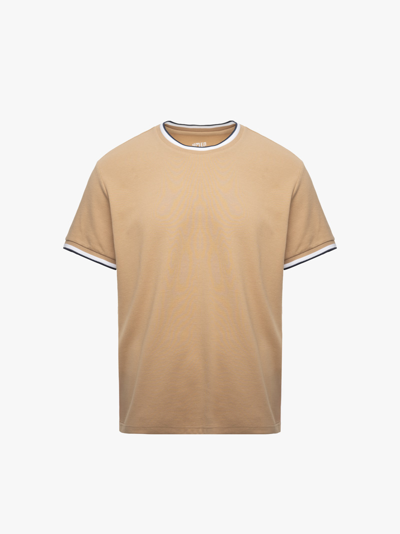 Áo Thun Cổ Tròn Phối Bo Form Regular AT180 Màu Nâu Nhạt