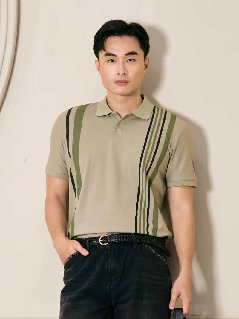 Áo Polo Cá Sấu In Sọc 2 Bên Form Regular PO178 Màu Rêu