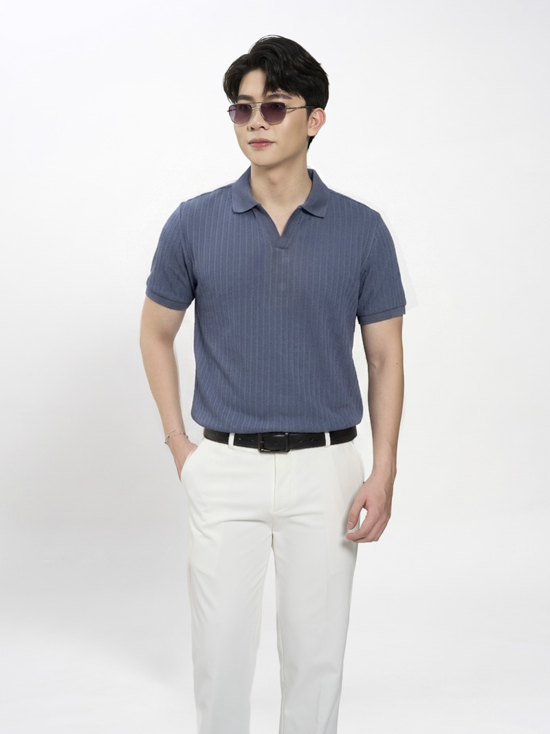 Áo Polo Sọc Chìm Cổ V Form Regular PO189 Màu Xanh Đá