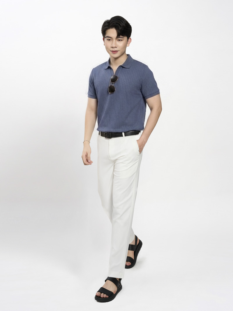 Áo Polo Sọc Chìm Cổ V Form Regular PO189 Màu Xanh Đá