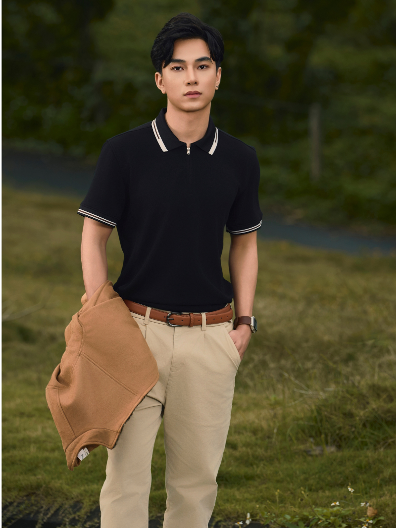 Áo Polo Double Face Trụ Dây Kéo Bo Kiểu Form Regular PO198 Màu Đen
