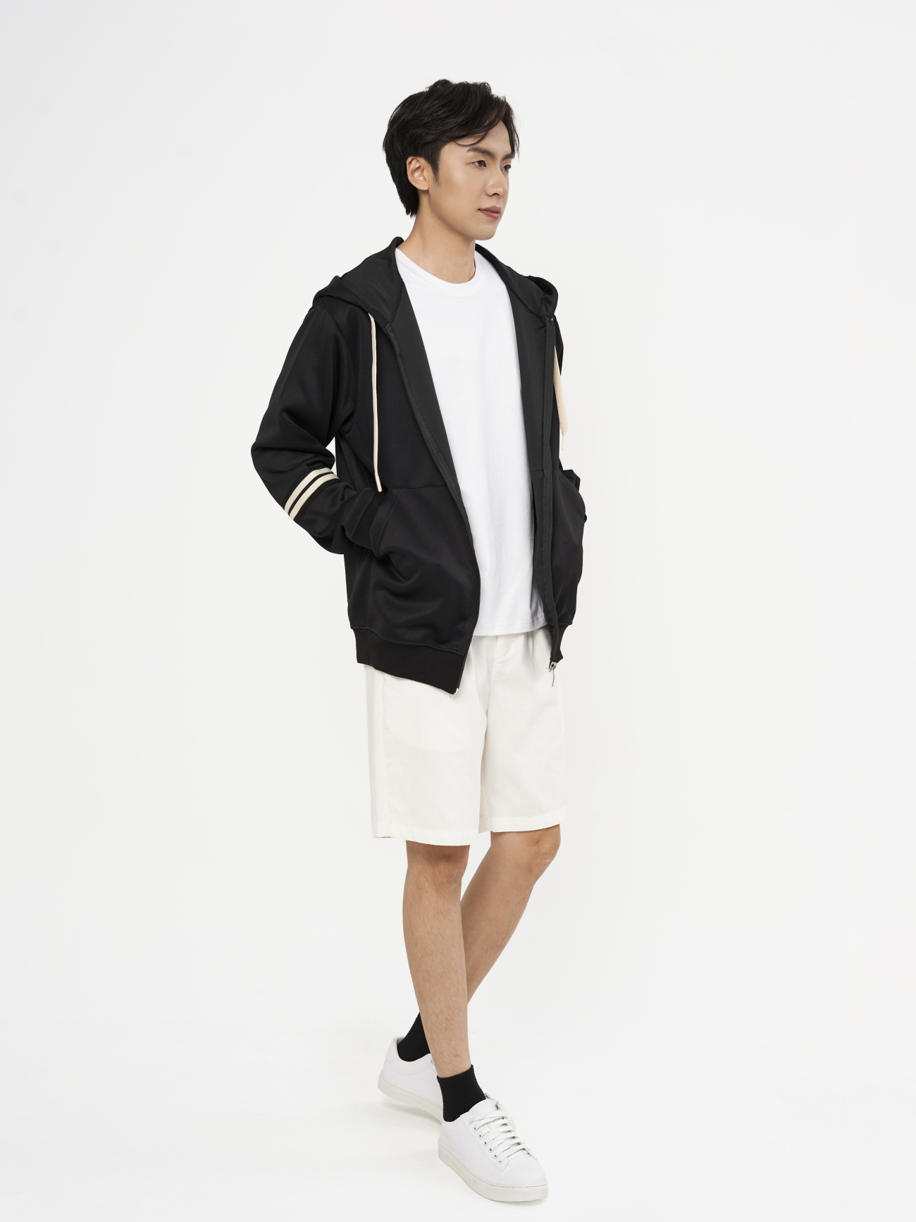 Áo Khoác Hoodie khóa zip Phối Dây Sọc Form Regular AH006 Màu Đen
