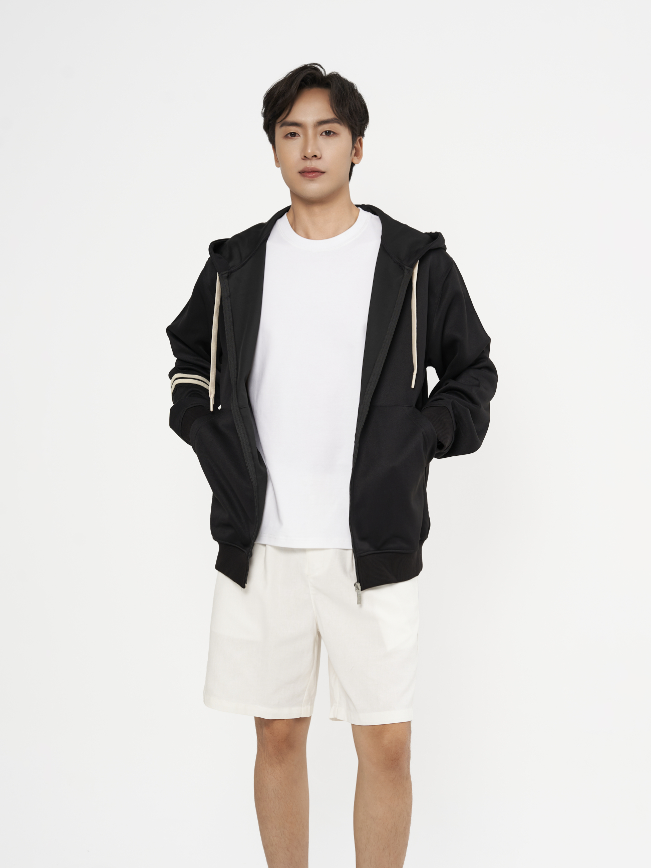 Áo Khoác Hoodie khóa zip Phối Dây Sọc Form Regular AH006 Màu Đen