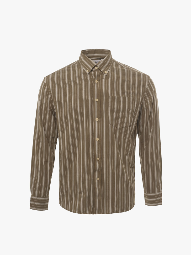 Áo Sơ Mi Sọc Cổ Button Down Form Relaxed SM212 Màu Nâu