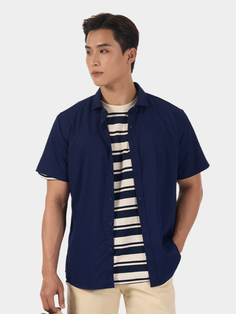 ao so mi tay ngan tron vai bamboo co cutaway form slimfit sm153
