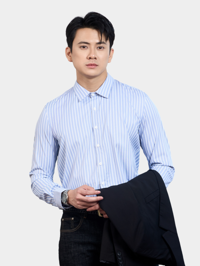 ao so mi soc han che nhan wrinkle x theu chu peak hour form slimfit sm176