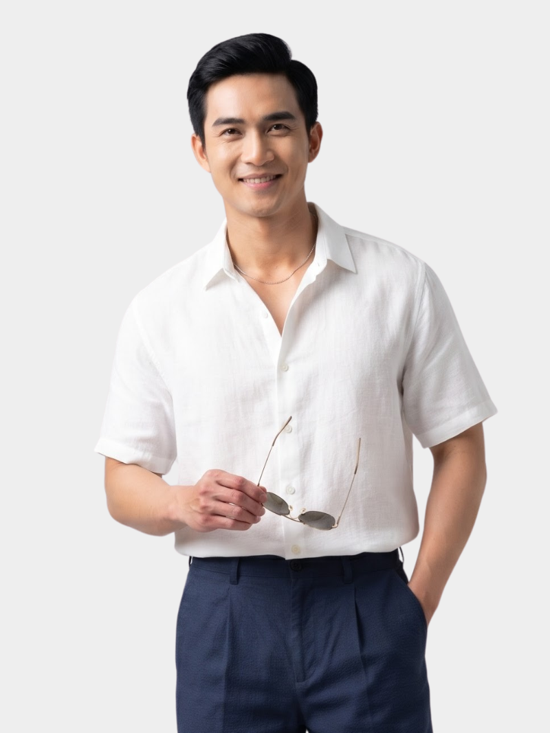 ao so mi linen xuoc ngan tay form regular sm203