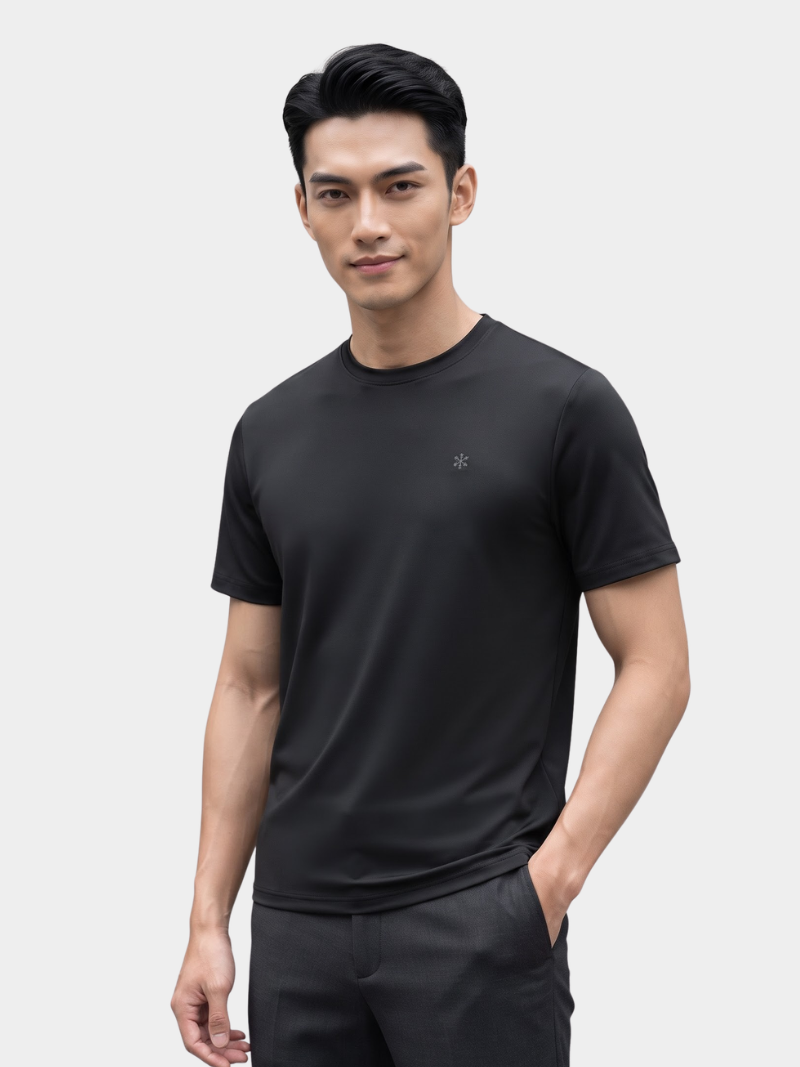 ao thun cool-x co tron in logo bong tuyet form slimfit at188 den