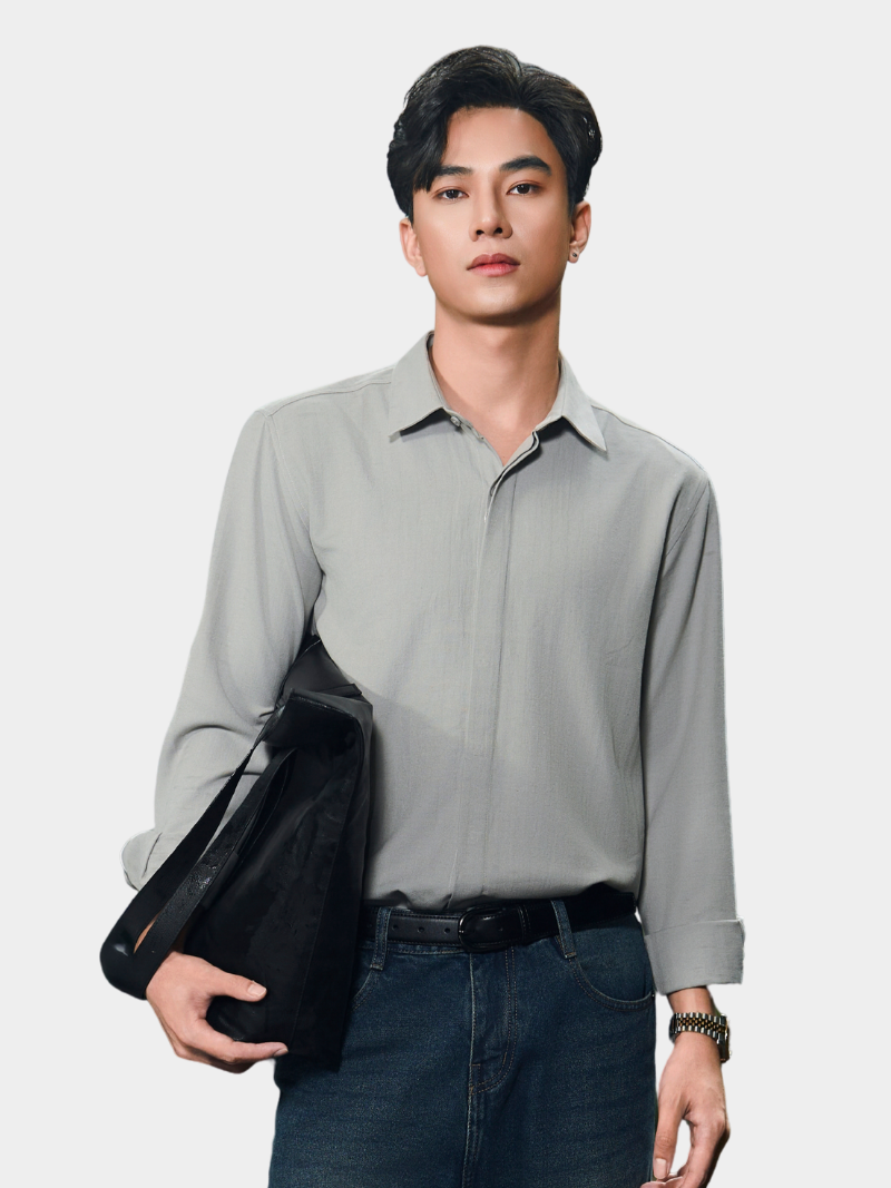 ao so mi herringbone nep dau khuy form regular sm211